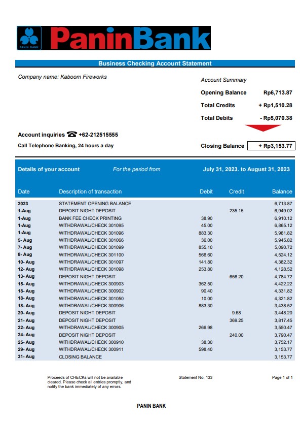 Modèle Word et PDF de relevé de compte courant de l'organisation Panin Bank